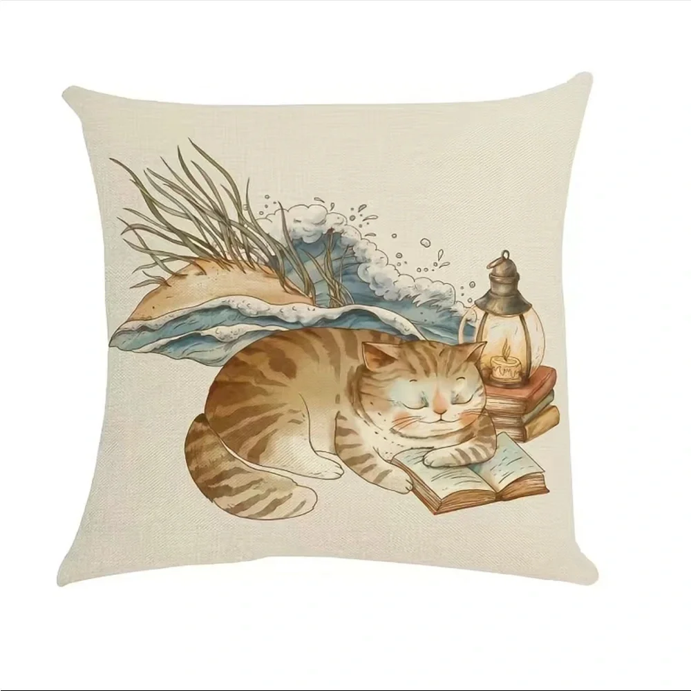 4pcs Cat Modern Sofa Throw Pillow Cover, Decorative Outdoor‎ Linen Blend Fabric